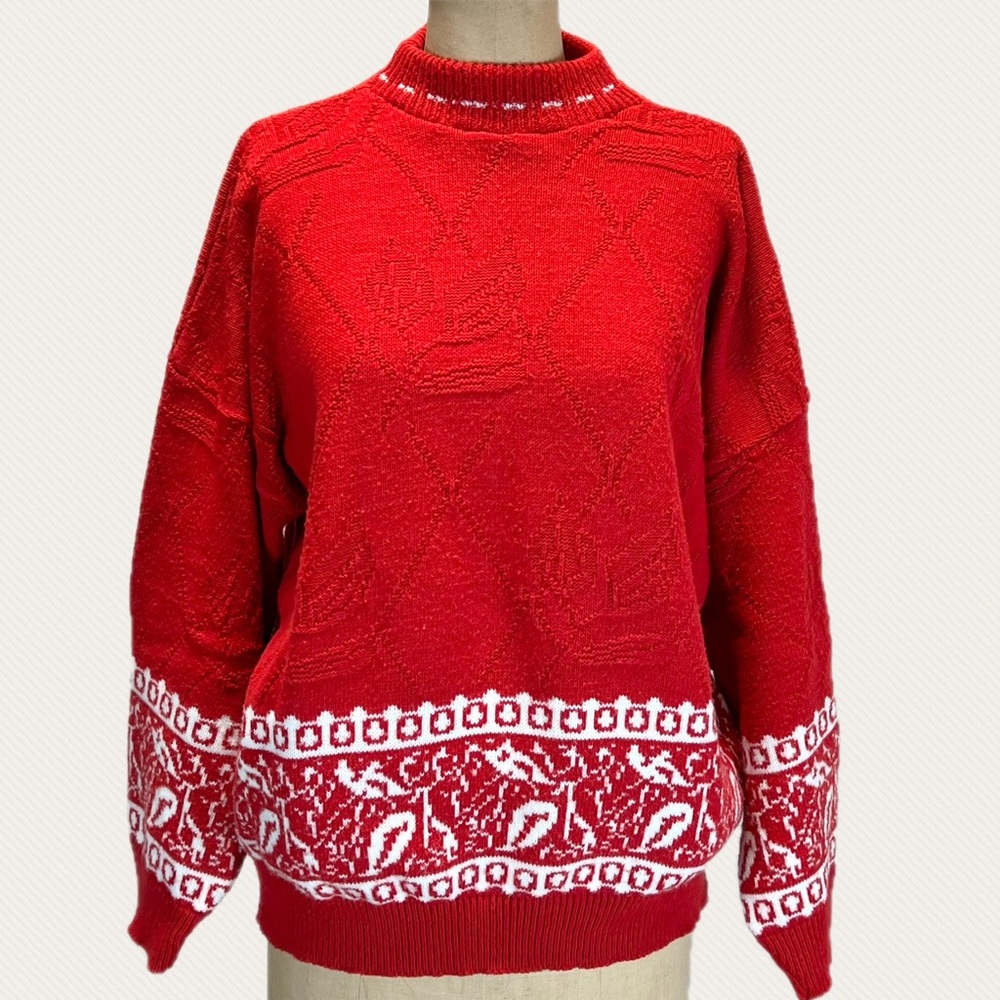 VINTAGE 80s textured floral knit sweater argyle fair isle red white plus size